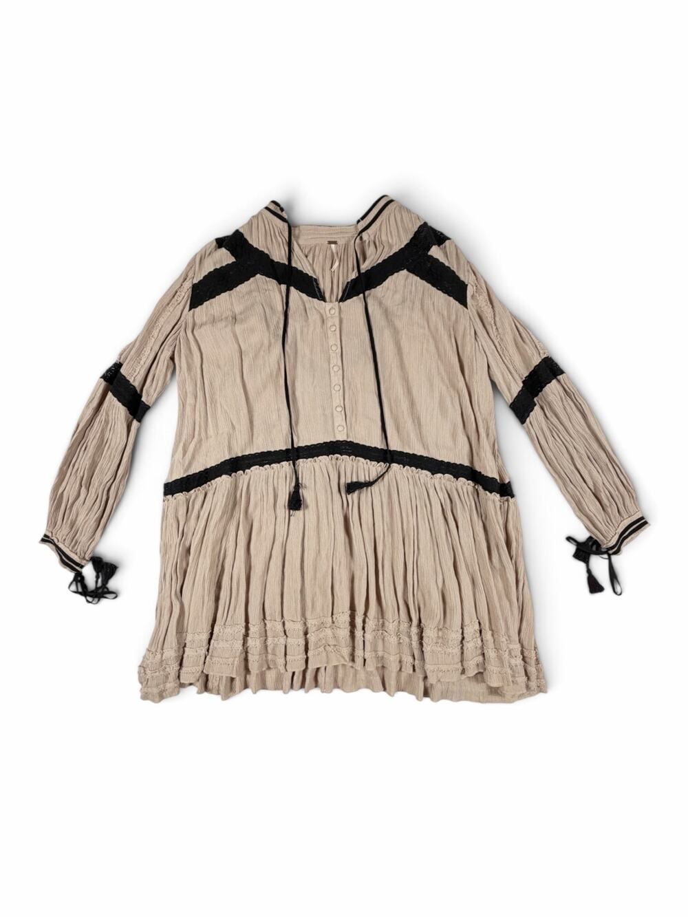 Free People Lace Trim Gauze Tunic Mini Dress Taupe Black Boho Small